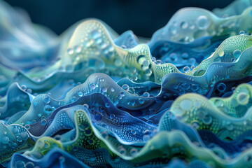 Poster - an abstract 3d pixel art pattern of waves, with varying shades of blue and green pixels creating a s