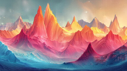 Wall Mural - A 3D pixel art rendering of a geometric landscape, with sharp peaks and valleys in contrasting colors,