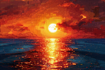 Poster - a digital mosaic of a sunset over the ocean, with 3d pixels creating a gradient of warm hues,