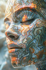 Poster - an abstract 3d pixel art representation of a human face, with varying pixel depths creating contours