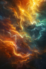 Poster - an abstract digital mosaic of a nebula, with vibrant 3d pixels forming swirling gas clouds,