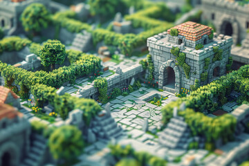 Poster - a 3d pixel art depiction of a complex maze, with raised pathways and intricate designs,