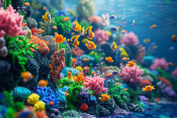 Poster - a 3d pixel art representation of an underwater scene, with colorful fish and coral reefs,