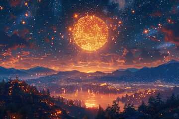 Poster - A digital mosaic of a starry night sky, with 3D pixels forming constellations and a glowing moon,