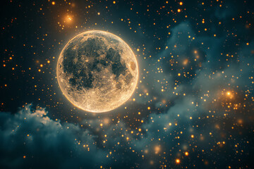 Poster - a digital mosaic of a starry night sky, with 3d pixels forming constellations and a glowing moon,