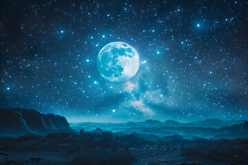 Poster - A digital mosaic of a starry night sky, with 3D pixels forming constellations and a glowing moon,