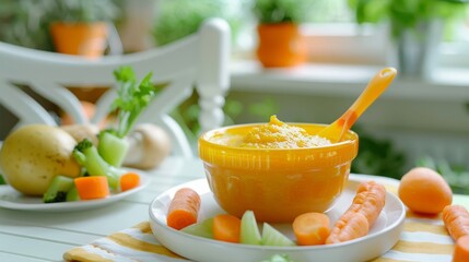 Wall Mural - A healthy breakfast bowl filled with nutritious vegetables, including carrots, potatoes, and celery, on a table in a sunny kitchen.