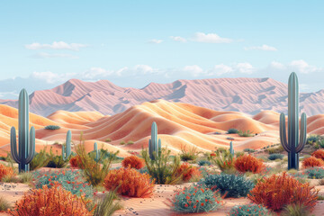 Poster - a 3d pixel art depiction of a desert landscape, with dunes and cacti in warm, sandy colors,