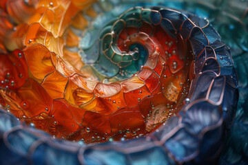 Poster - an abstract digital mosaic of a spiral pattern, with 3d pixels creating depth and movement,