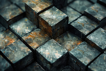 Poster - a close-up of a section of a pixel grid, showing detailed textures and shadows on the 3d cubes,