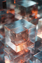 Poster - a visual of a 3d pixel grid where some cubes are transparent, revealing hidden layers beneath,