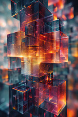 Poster - an abstract design of 3d cubes in a pixel grid, with varying sizes and heights creating a dynamic co