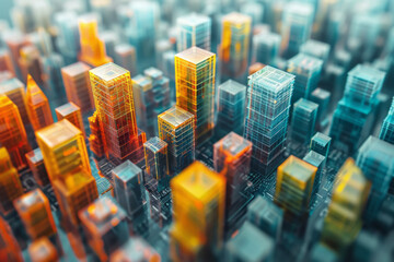 Poster - a pixel grid with 3d cubes arranged to form a digital cityscape, complete with skyscrapers and build