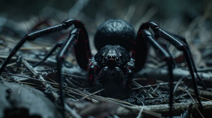  A tight shot of a black and red spider on the ground Its head is positioned at the center of the intricate web Eyes wide open