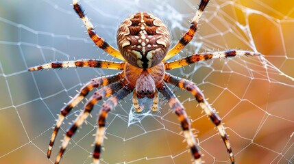  A close-up of a spider on its web, with another spider in the heart of their respective webs