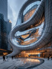 Poster - A building with a spiral design on the outside of it. AI.