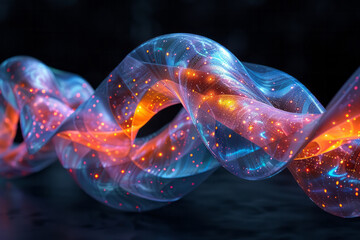 Poster - An artistic Mobius strip with beads that change colors and emit a soft glow, set in a dark environment,