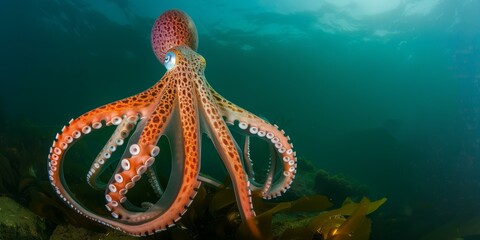 An octopus swimming in the ocean with a large orange head. AI.