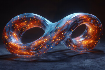 Poster - A 3D visualization of a Mobius strip adorned with glowing beads, rotating slowly in a dark space,