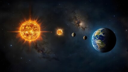 The Earth, the moon, and the sun make up a magnificent cosmic three in the vastness of space.