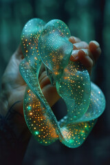 Poster - A Mobius strip of beads with each bead emitting a soft, pulsating glow, creating a calming effect in the dark,