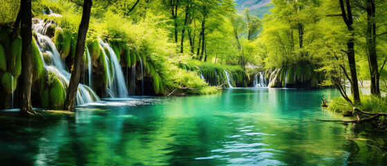 Sticker - Tranquil Forest Waterfall and Serene Lake Scene