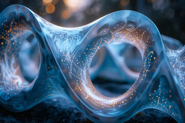 Poster - A digital artwork of a Mobius strip with beads that glow in the dark, forming an infinite, looping pattern,