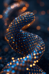 Poster - A close-up of a Mobius strip with beads that seem to emit a soft, inner light, against a dark backdrop,