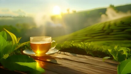 Canvas Print - A cup of hot tea with steam coming from it on a wooden table against the background of tea plantations at sunset