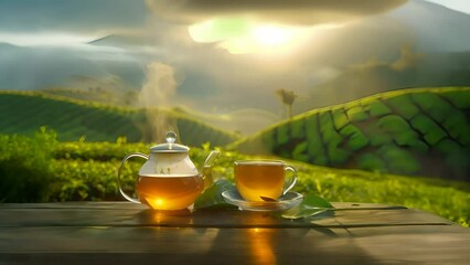 Canvas Print - A cup of hot tea with steam coming from it and a teapot on a wooden table against the background of tea plantations at sunset