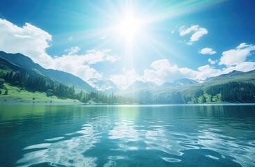 Wall Mural - Tranquil Mountain Lake Under Sunshine