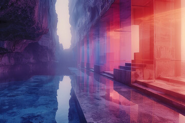 Fototapete - A composition of stacked gradient rectangles reflecting each other, with shades transitioning from blue to purple,