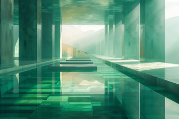 Fototapete - A design of stacked rectangles with soft gradient transitions from green to turquoise, creating a layered reflection effect,
