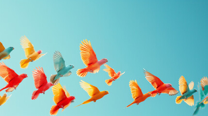 Wall Mural - A colorful flock of birds flying in a V formation across a clear blue sky.