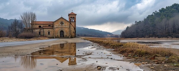 Canvas Print - The church of San Roman de Sau on view after being flooded in the Sau reservoir, Panta de Sau, due to Catalonia's biggest drought in history