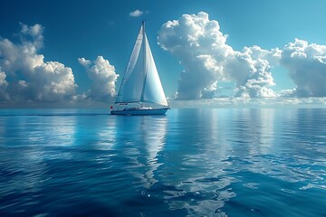 Wall Mural - a sailboat floating in the middle of the ocean under a cloudy blue sky with a few clouds in the distance.