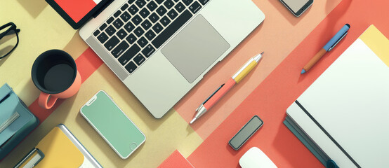 A flat lay of an office desk with various work supplies, including a laptop, phone, and stationery items, creates the perfect setting for creative thinking