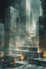 Poster - Abstract composition of stacked rectangles with gradients from silver to charcoal grey, creating reflections,