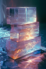 Fototapete - Stacked gradient rectangles transitioning from light blue to aquamarine, forming layered reflections,