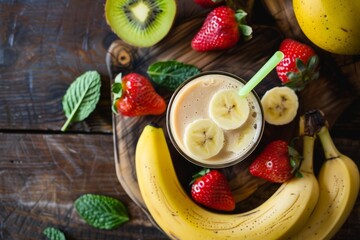 Sticker - Banana smoothie in glass with straw on wooden table with fruit. Top view.