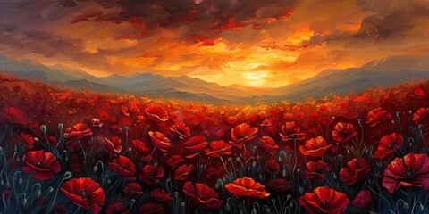 Wall Mural - Breathtaking landscape of a poppy field at sunset with the sun dipping low on the horizon, casting a warm glow over the vibrant red flowers