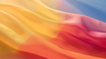 Wall Mural -  A tight shot of a multicolored fabric against a backdrop of a blue sky In the foreground, a layered gradient of red, yellow, orange, pink, and blue sh