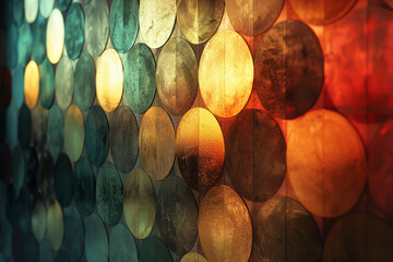 Poster - Abstract gradient glass circles with shades shifting from gold to bronze, reflecting each other softly,