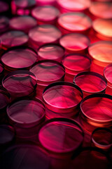 Leinwandbilder - Glass circles with gradients from rose to crimson, reflecting harmoniously against a dark background,