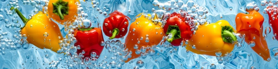 Wall Mural - Fresh peppers floating in water, hot peppers on blue background, seasonal vegetables, summer vegetables, pepper salad, organic vegetables, ingredients for cooking, 4k HD wallpaper, background, generat