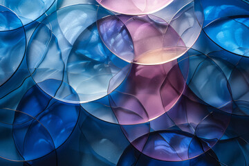 Leinwandbilder - Glass circles with gradients from light blue to deep navy, layered and reflecting softly in an abstract design,