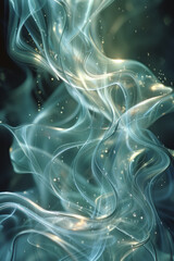 Poster - Smooth, undulating light waves in cool tones of green and teal, flowing harmoniously,
