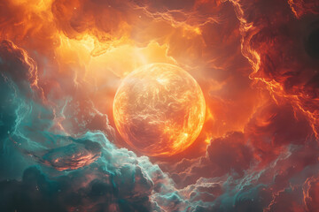 Poster - A radiant orb glowing with soft, ethereal light, surrounded by swirling, colorful nebulous clouds,