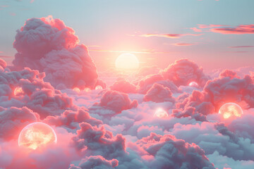 Poster - A radiant orb floating in a sea of soft, pastel-colored clouds, creating a dreamy atmosphere,