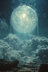 Poster - The luminescent orb in a cloudy realm, with shimmering particles of light scattered throughout the mist,